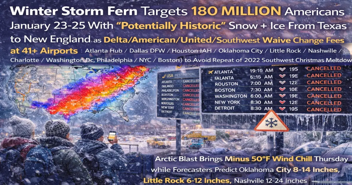 Winter Storm Fern arctic blast January 23-25 2026 map showing 180 million Americans affected airlines waiving change fees Delta 41 airports American 34 airports United 35 airports Oklahoma City 14 inches snow Atlanta hub threatened minus 50 degrees Fahrenheit wind chill polar vortex