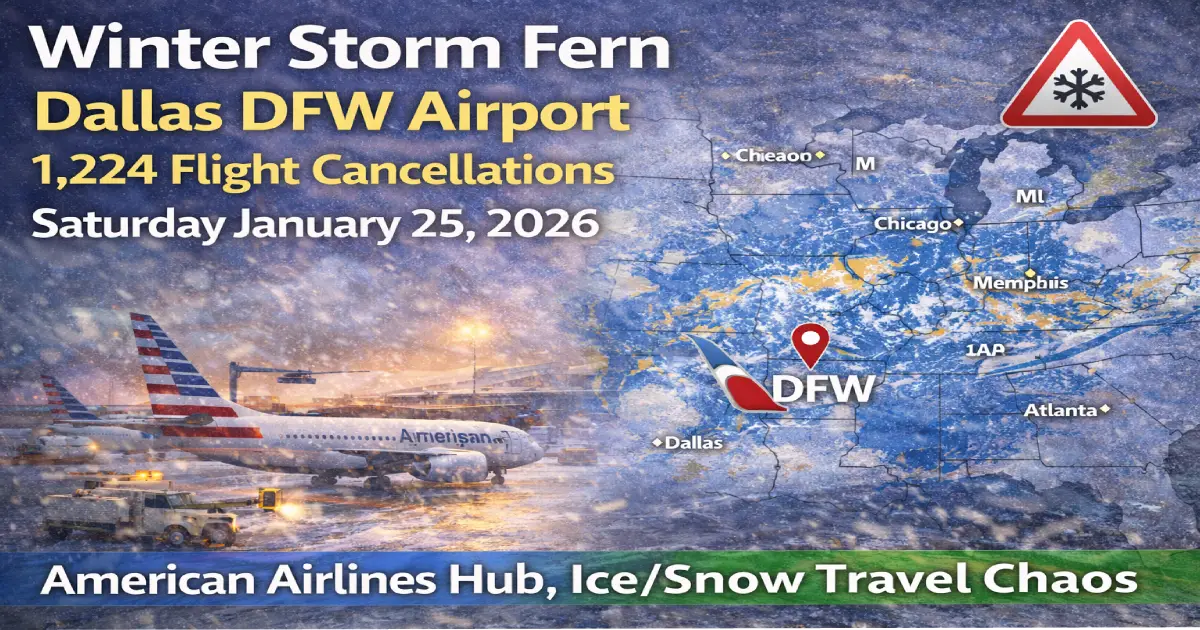 Winter Storm Fern Dallas DFW airport 1224 flight cancellations Saturday January 25 2026 American Airlines hub ice snow travel chaos map