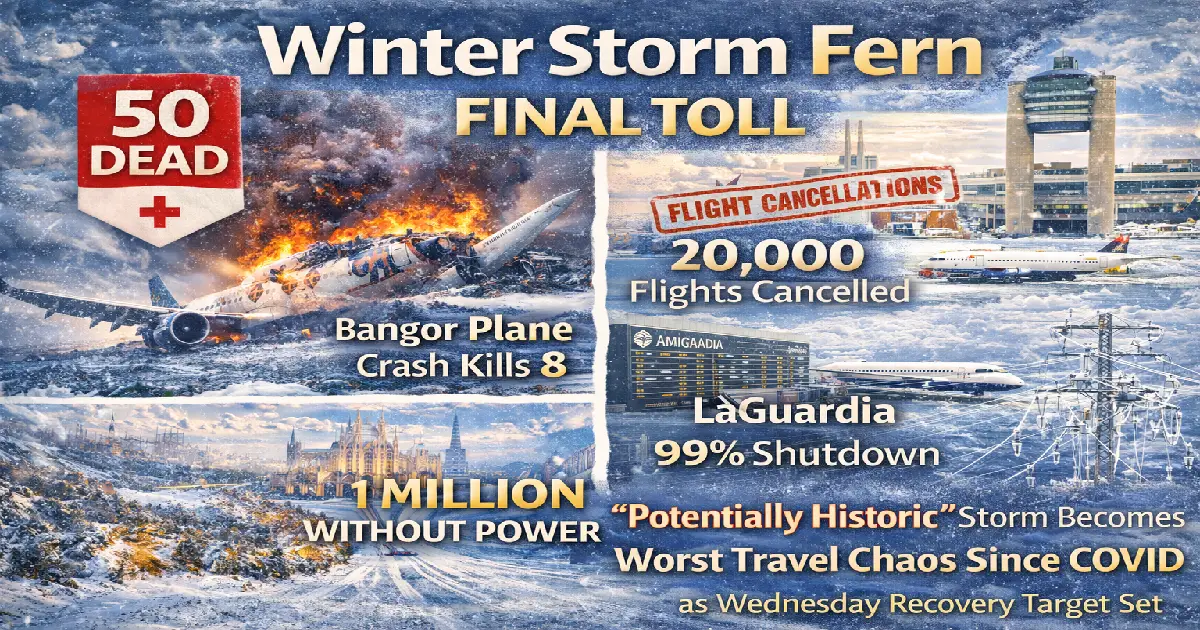 Winter Storm Fern final toll January 27 2026 50 deaths 20000 flights cancelled LaGuardia Reagan National 99 percent shutdown power outages