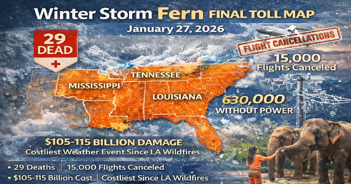 Winter Storm Fern final toll map January 27 2026 showing 29 deaths 15000 flights canceled weekend $105-115 billion damage costliest weather event since LA wildfires 630000 without power Tennessee Mississippi Louisiana American Airlines 1180 Monday cancellations recovery timeline