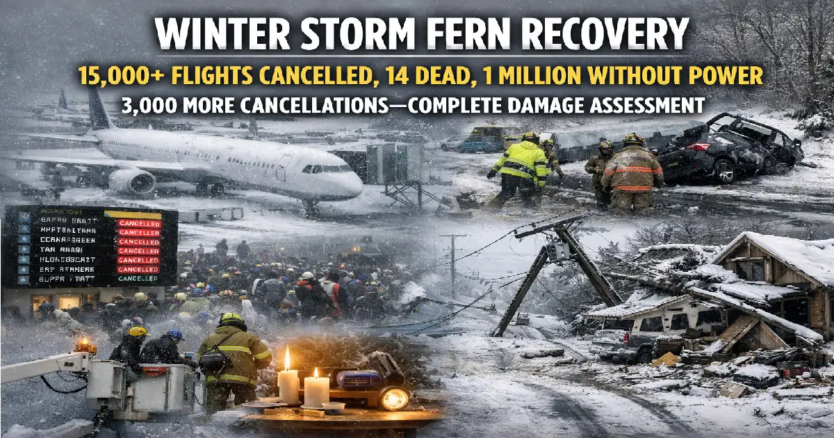 Winter Storm Fern recovery January 26 2026 map showing 15000 flights cancelled 14 deaths 1 million power outages Monday 3000 additional cancellations LaGuardia Reagan National closed
