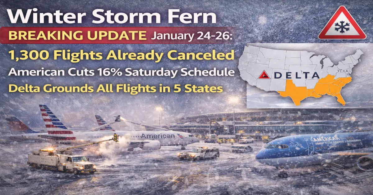 Winter Storm Fern BREAKING UPDATE January 24-26: 1,300 Flights Already Canceled, American Cuts 16% Saturday Schedule, Delta Grounds All Flights in 5 States
