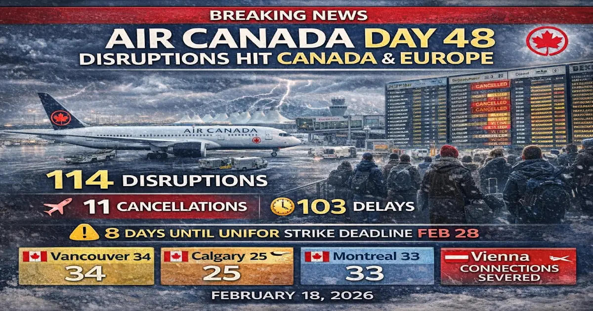 Air Canada Day 48 February 18 2026 114 disruptions 11 cancellations 103 delays Unifor strike countdown 8 days February 28 deadline Vienna Toronto Vancouver Calgary Montreal 220 Canada cancellations 48 hours winter crisis
