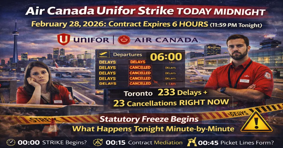 Air Canada Unifor Strike TODAY MIDNIGHT February 28, 2026: Contract Expires 6 HOURS (11:59 PM Tonight)—5,800 Agents, Toronto 233 Delays + 23 Cancellations RIGHT NOW, Statutory Freeze Begins, What Happens Tonight Minute-by-Minute