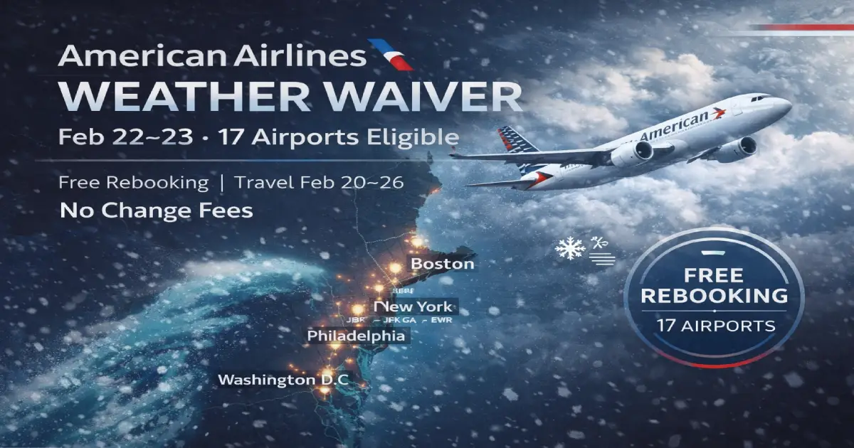 American Airlines Weather Waiver February 22-23, 2026: 17 Northeast Airports Eligible for Free Rebooking as Weekend Storm Threatens Boston, New York (JFK/LGA/EWR), Philadelphia, Washington D.C. — Travel February 20-26 with No Change Fees