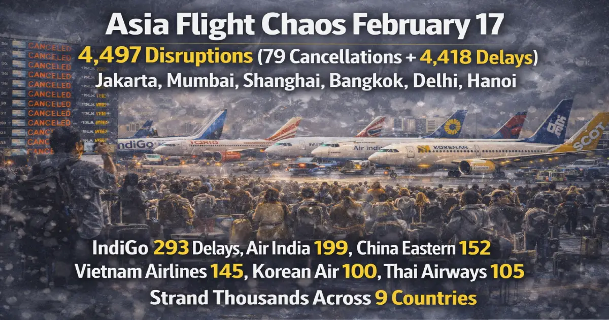 Asia flight chaos February 17 2026 4497 disruptions 79 cancellations 4418 delays Jakarta 482 Mumbai 393 Shanghai 388 Bangkok 356 Delhi 340 IndiGo Air India China Eastern Vietnam Airlines Korean Air 9 countries