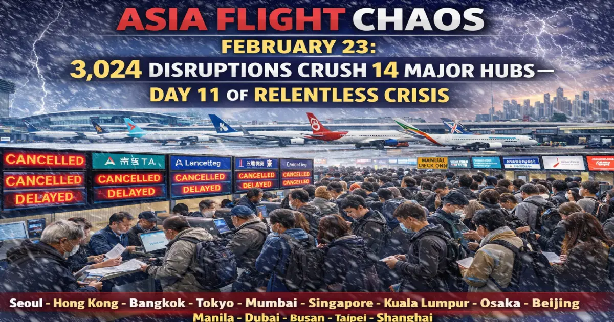 Asia Flight Chaos February 23: 3,024 Disruptions Crush 14 Major Hubs—Day 11 of Relentless Crisis