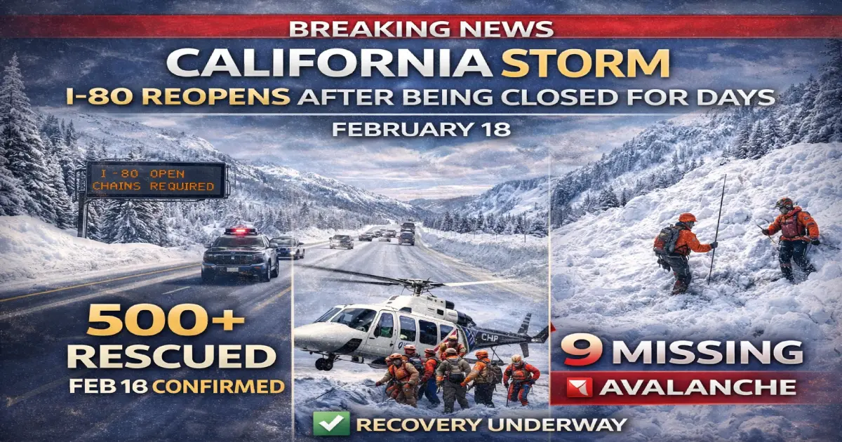 California winter storm aftermath February 18 2026 Interstate 80 reopens after 60 mile closure 6 backcountry skiers rescued Castle Peak avalanche 9 missing Mammoth Mountain Palisades Tahoe reopen Wednesday 5 to 8 feet total snow UC Berkeley worst conditions 3 years