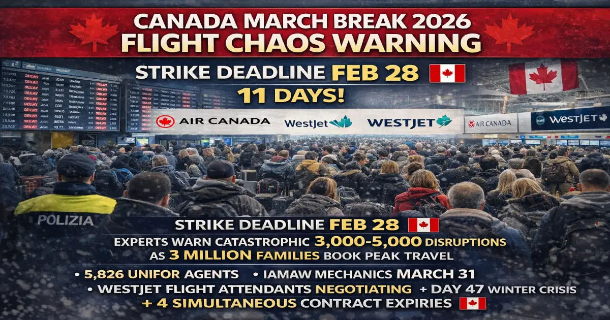 Air Canada strike threat February 28 2026 IAMAW 5800 agents Canada March Break travel warning WestJet disruptions airport chaos