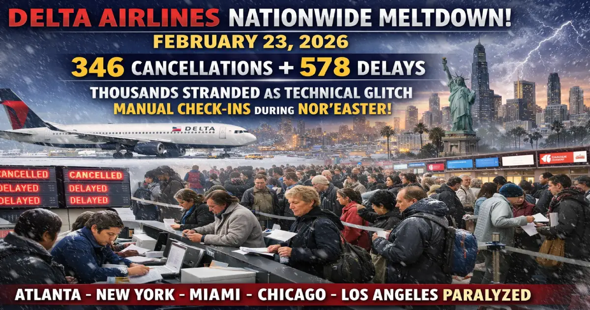 Delta Airlines Nationwide Meltdown February 23, 2026: 346 Cancellations + 578 Delays Strand Thousands as Technical Glitch Forces Manual Check-Ins During Nor’Easter — Atlanta, New York, Miami, Chicago, Los Angeles Paralyzed