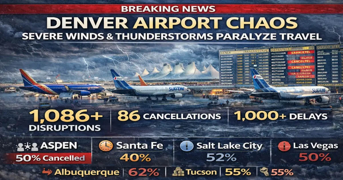 Denver airport chaos February 18 2026 1086 disruptions 86 cancellations SkyWest 60 cancelled Southwest United Aspen 50 percent cancelled ski resort Salt Lake City Las Vegas Albuquerque severe winds thunderstorms Mountain West paralyzed
