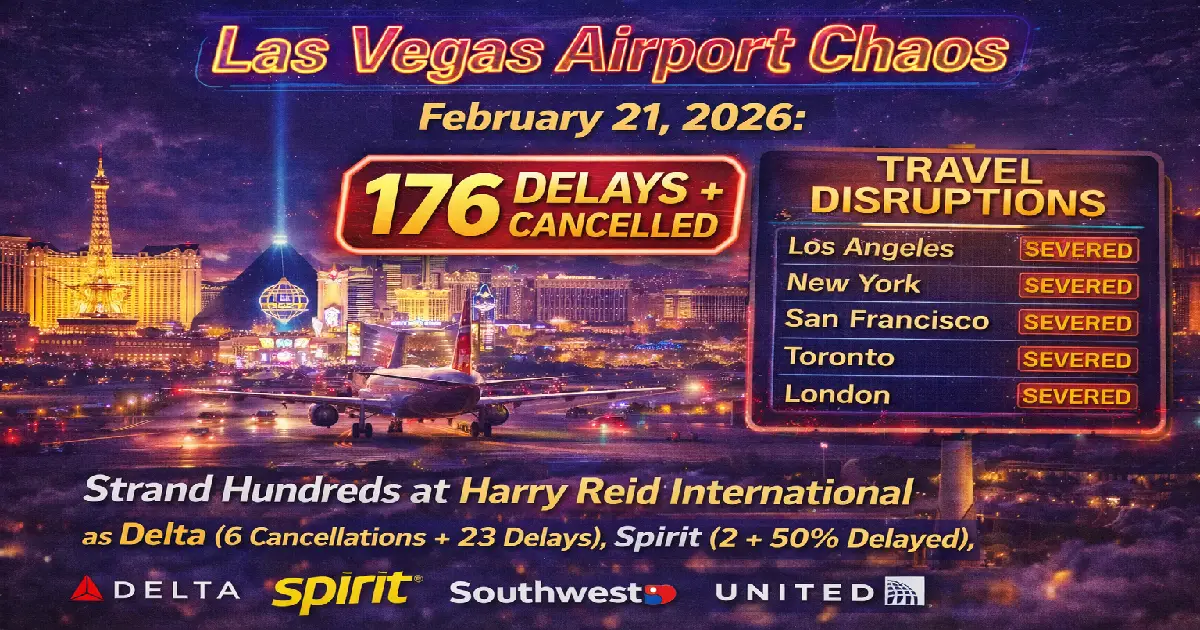 Las Vegas Airport Chaos February 21, 2026: 176 Delays + 5 Cancellations Strand Hundreds at Harry Reid International as Delta (6 Cancellations + 23 Delays), Spirit (2 + 50% Delayed), Southwest, United Hit — Los Angeles, New York, San Francisco, Toronto, London Routes Severed During Peak Travel Season