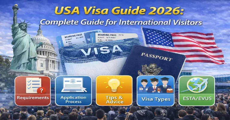 USA visa guide 2026 showing passport ESTA form and US embassy documents for international visitors