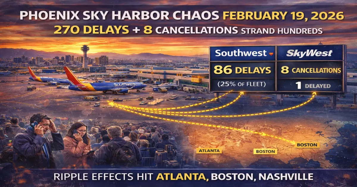 Phoenix Sky Harbor Chaos February 19, 2026: 270 Delays + 8 Cancellations Strand Hundreds as Southwest Logs 86 Delays (25% of Fleet), SkyWest 8 Cancellations, and Ripple Effects Hit Atlanta, Boston, Nashville