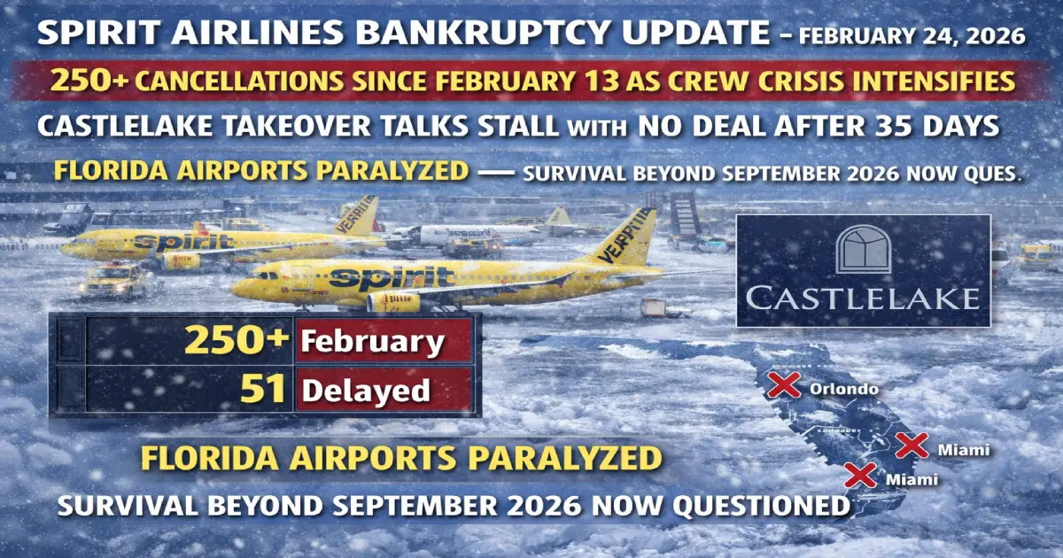 Spirit Airlines Bankruptcy Update February 24, 2026: 250+ Cancellations Since February 13 as Crew Crisis Intensifies, Castlelake Takeover Talks Stall with No Deal After 35 Days, Florida Airports Paralyzed — Survival Beyond September 2026 Now Questioned
