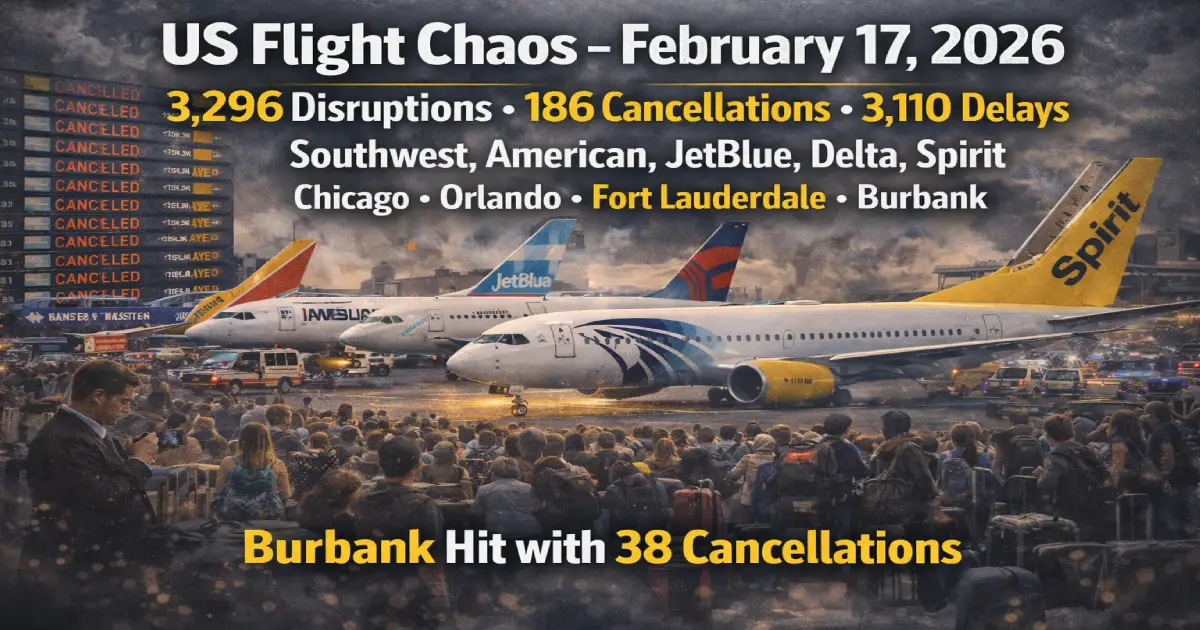 US flight chaos February 17 2026 Presidents Day 3296 disruptions 186 cancellations 3110 delays Southwest American JetBlue Delta Spirit Chicago Orlando Fort Lauderdale Burbank 38 cancellations