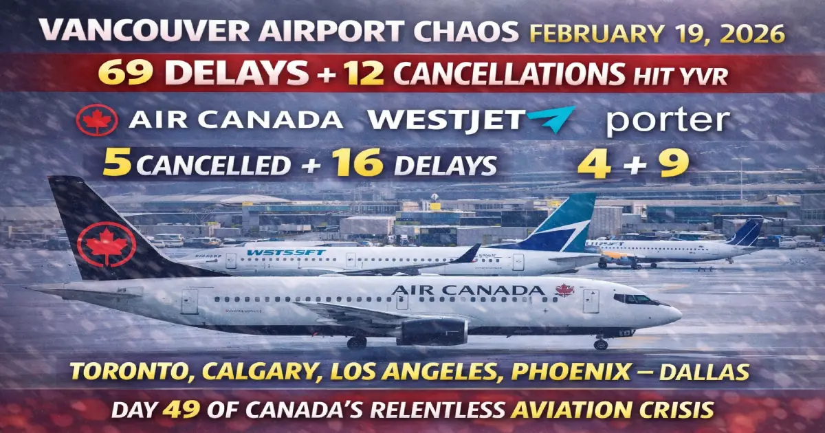 Vancouver Airport Chaos February 19, 2026: 69 Delays + 12 Cancellations Hit YVR as Air Canada (5 Cancelled + 16 Delays), WestJet (4 + 9), Porter (2 + 1) Disrupt Toronto, Calgary, Los Angeles, Phoenix — Day 49 of Canada’s Relentless Aviation Crisis
