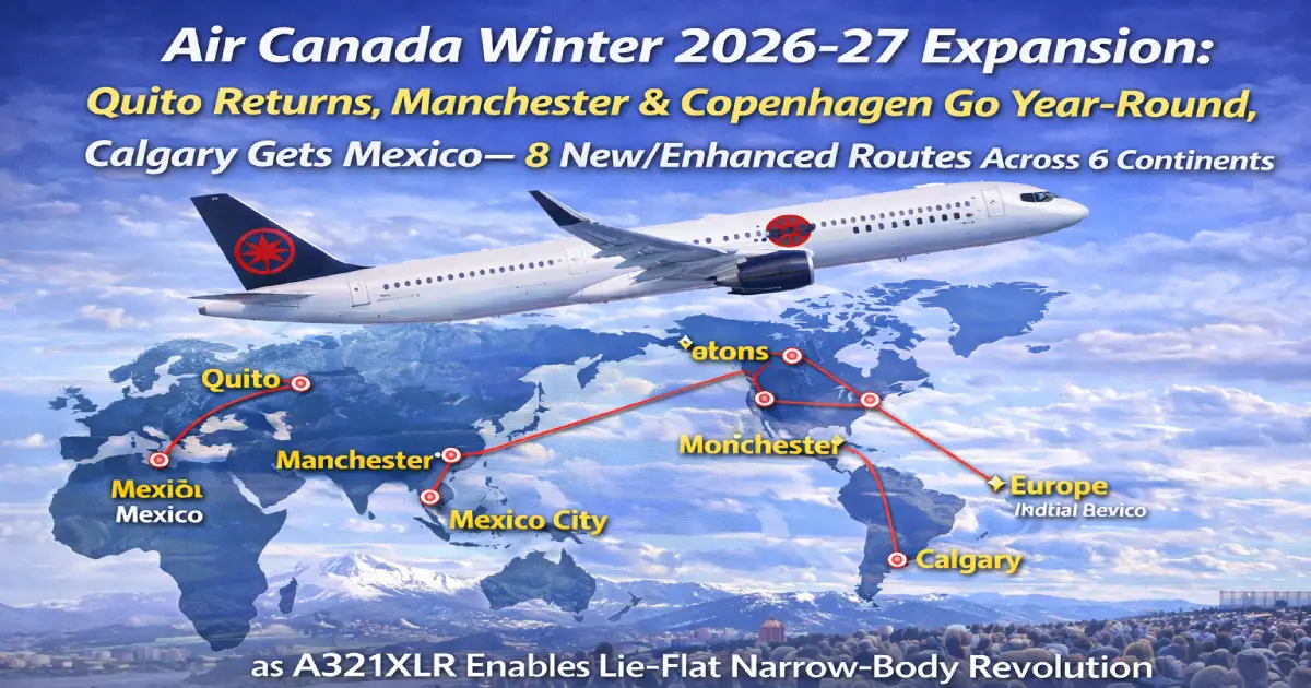 Air Canada expansion winter 2026-27 Quito Ecuador returns Manchester Copenhagen year-round Airbus A321XLR lie-flat Signature Class Calgary Mexico routes