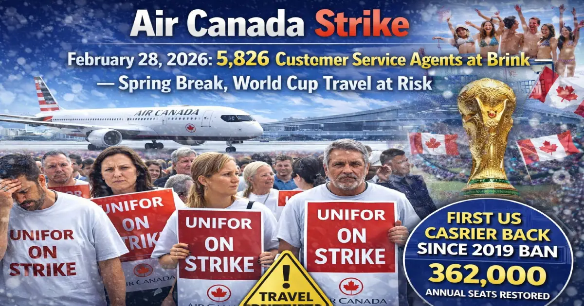 Air Canada customer service agents at Toronto Pearson International Airport with Unifor Local 2002 strike deadline February 28 2026 signs spring break world cup disruption warning