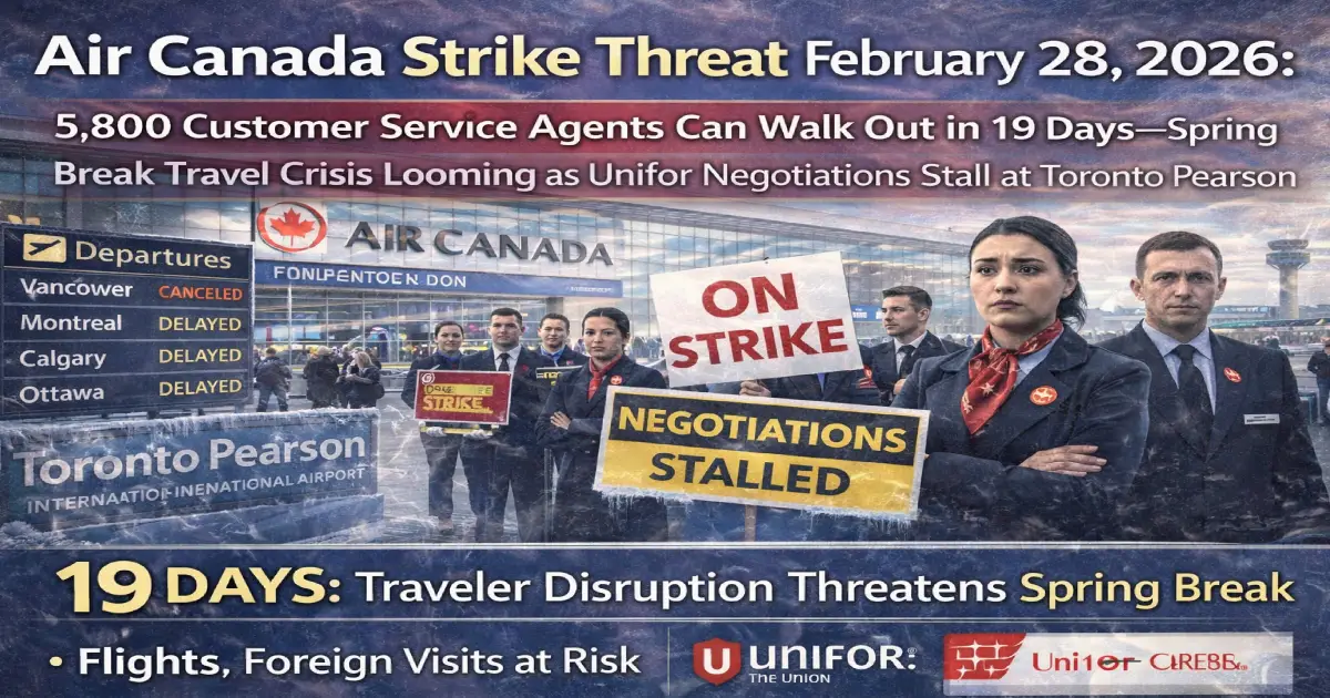 Air Canada customer service agents at Toronto Pearson Airport with strike threat looming after February 28, 2026 contract expiry affecting 5,800 Unifor Local 2002 workers and spring break travel
