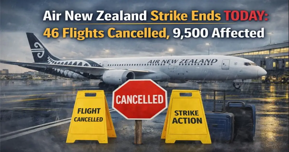 Air New Zealand Boeing 787 and Boeing 777 widebody aircraft grounded at Auckland International Airport with cabin crew strike picket lines February 13 2026 final day 46 flights cancelled 9500 passengers affected FAANZ E tū union pay dispute