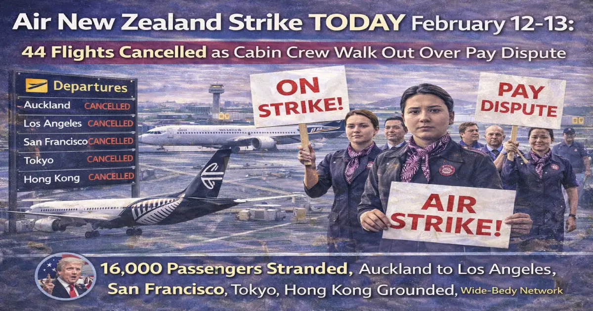 Air New Zealand strike February 12-13 2026 Auckland Airport cabin crew walkout 44 flights cancelled 16000 passengers stranded pay dispute cant afford rent