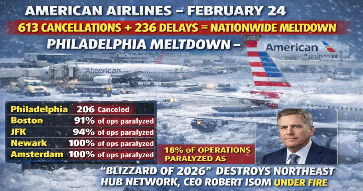 American Airlines February 24 2026 613 cancellations 236 delays 18 percent operations nationwide meltdown Newark 100 percent JFK 94 Boston 91 Philadelphia 206 Amsterdam 100 CEO Robert Isom under fire flight crews second meltdown blizzard