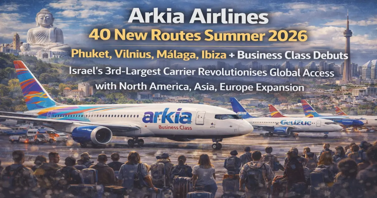 Arkia Airlines Airbus A320 at Tel Aviv Ben Gurion Airport 2026 announcing 40 new routes summer expansion Phuket Thailand Vilnius Lithuania Málaga Ibiza Spain business class Paris New York Bangkok Hanoi Vietnam Israel third largest carrier
