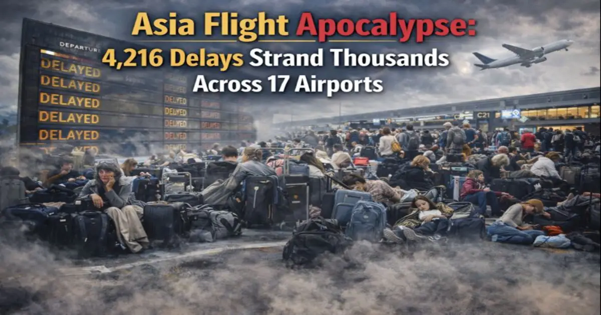 Jakarta Kuala Lumpur Mumbai Delhi Bangkok airports congestion chaos February 13 2026 with 4216 flight delays 62 cancellations IndiGo Air India AirAsia Air China Cathay Pacific aircraft grounded departure boards red delayed infrastructure collapse Asia aviation crisis
