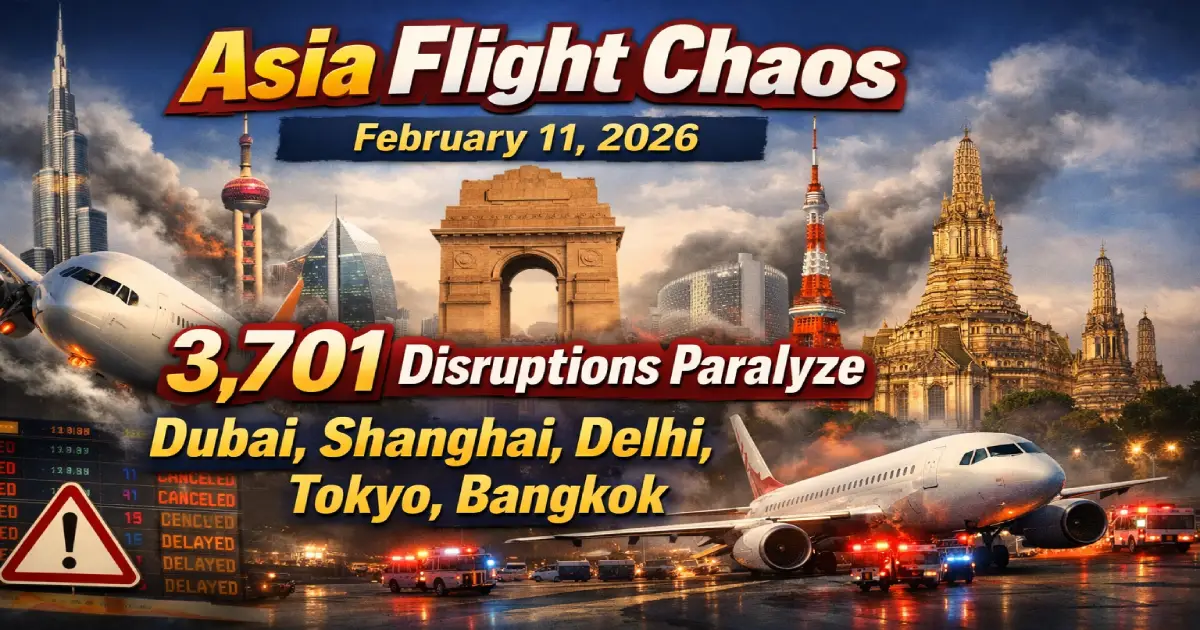 Asia airports experiencing massive flight chaos February 11 2026 showing Dubai Shanghai Delhi Tokyo Bangkok with 3701 disruptions Emirates IndiGo ANA AirAsia thousands stranded