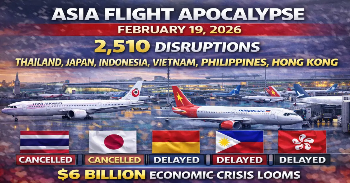 Asia flight chaos February 19, 2026, Bangkok Suvarnabhumi Airport 353 delays, VietJet Air 292 delays, Thailand Japan Indonesia Vietnam Philippines Hong Kong, 2,510 total disruptions, passengers stranded
