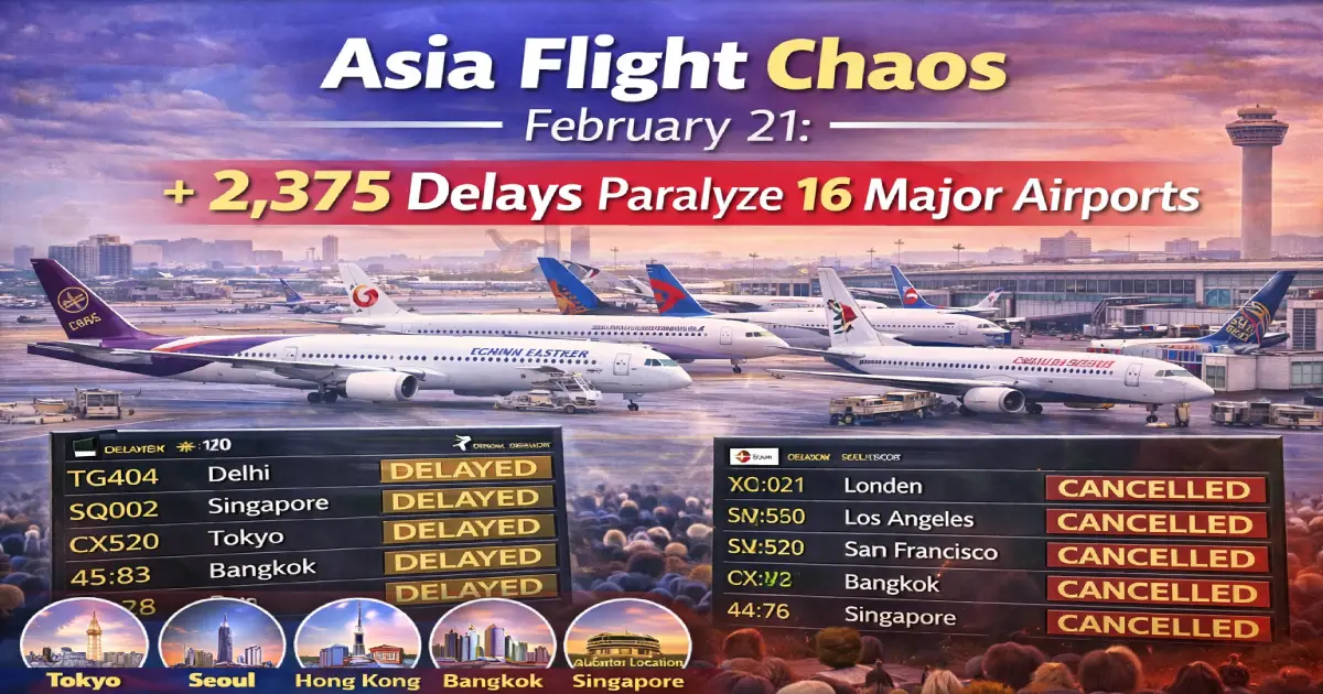 Asia flight chaos February 21 2026 Delhi Bangkok Kuala Lumpur Tokyo Haneda Singapore Jakarta 2375 delays 77 cancellations IndiGo Air India Batik Air infrastructure meltdown