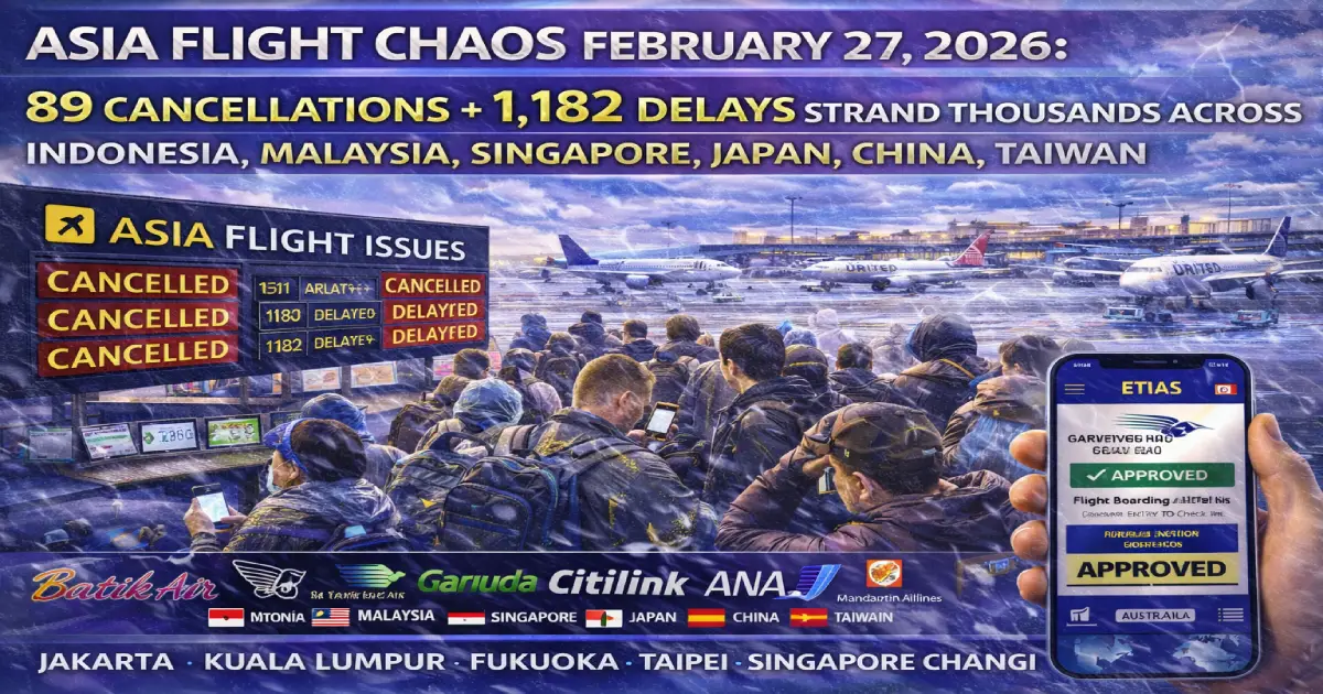 Jakarta Soekarno-Hatta International Airport departure board showing 1,182 delayed flights February 27 2026 Batik Air Garuda Indonesia ANA Chengdu Airlines passengers stranded Asia travel chaos overcrowded terminals