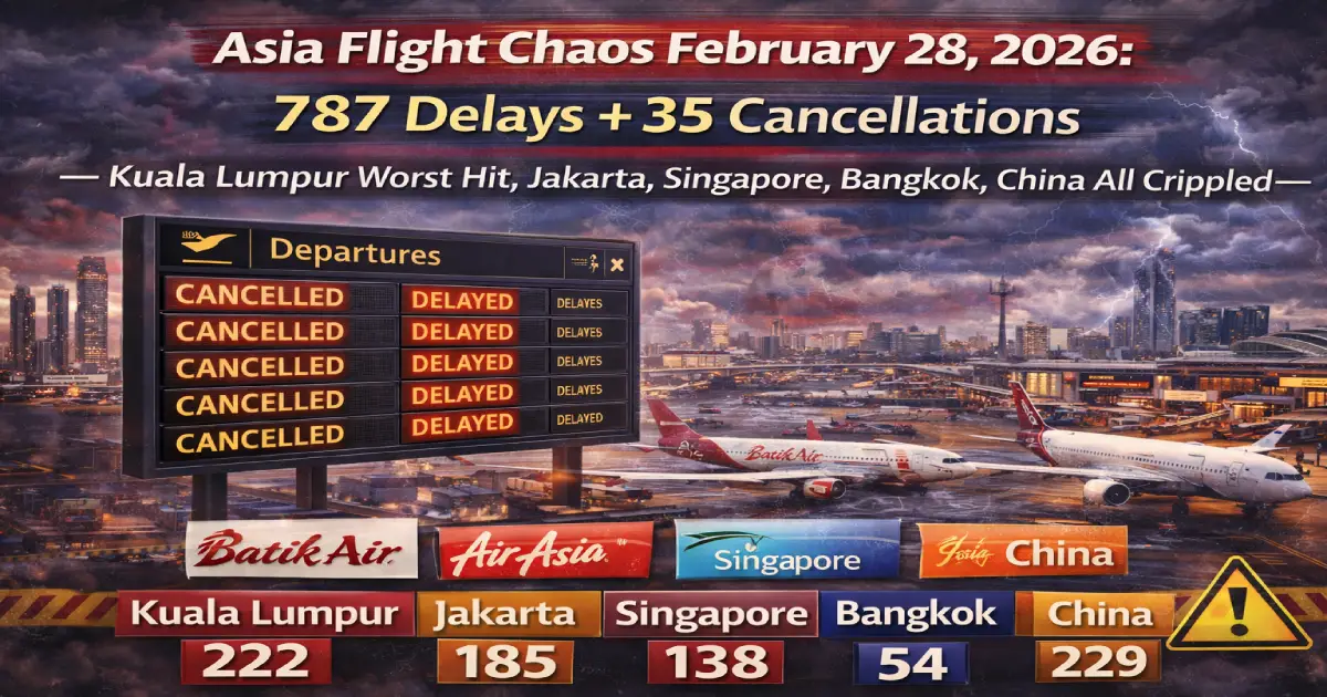 Asia flight chaos February 28 2026 - departure boards showing delays and cancellations at Kuala Lumpur International Airport with stranded passengers