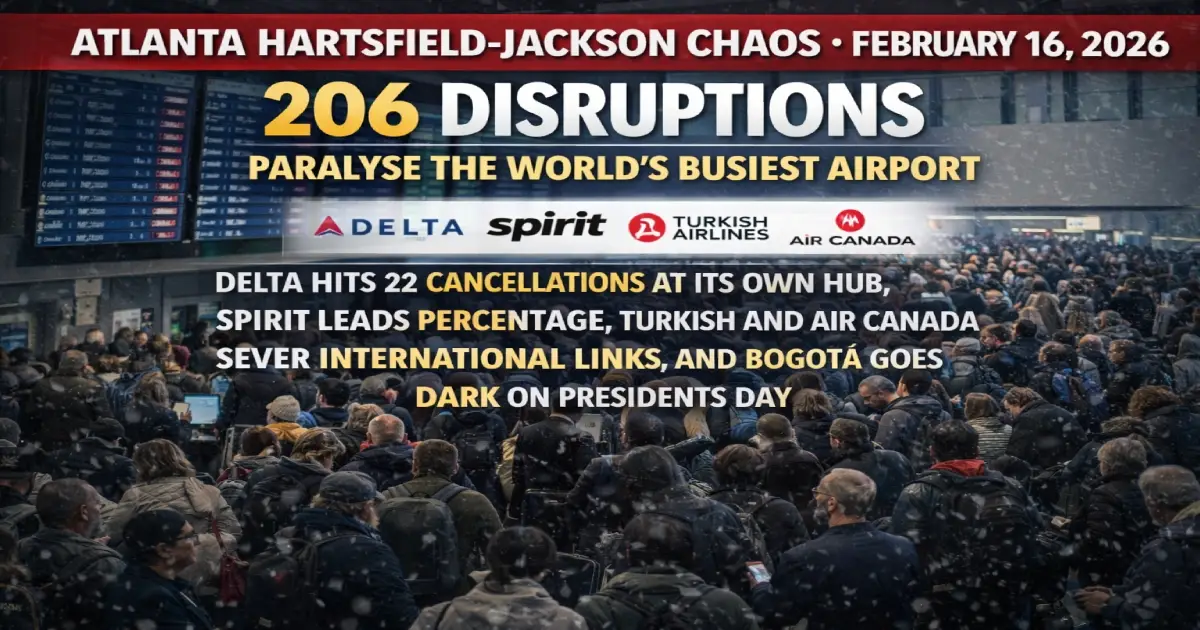 Hartsfield-Jackson Atlanta International Airport ATL departure board February 16 2026 Presidents Day showing 180 delays 26 cancellations Delta Air Lines 22 cancellations 97 delays Spirit JetBlue PSA Turkish Airlines Bogotá Colombia international routes severed world's busiest airport chaos