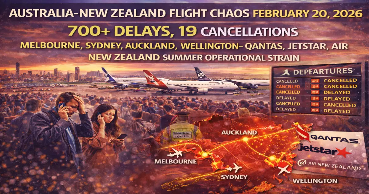 Australia New Zealand flight chaos February 20 2026 Melbourne Sydney Auckland Wellington airports 700 delays 19 cancellations Qantas Jetstar Air New Zealand summer operational strain Southern Hemisphere disruption