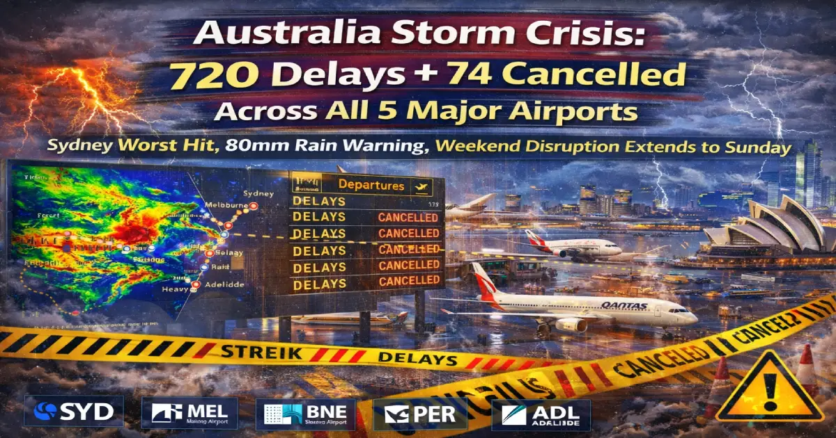 Sydney Kingsford Smith Airport departure board showing mass delays and cancellations during Australia storm crisis February 27 2026 with 74 cancelled and 720 delayed flights across all five major airports