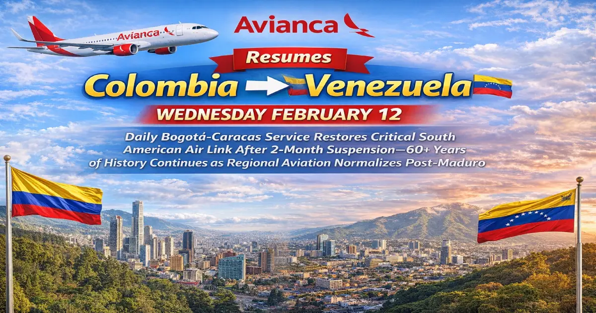 Avianca Airbus A320 aircraft Bogota Colombia to Caracas Venezuela flights resume Wednesday February 12 2026 daily service after 75-day suspension
