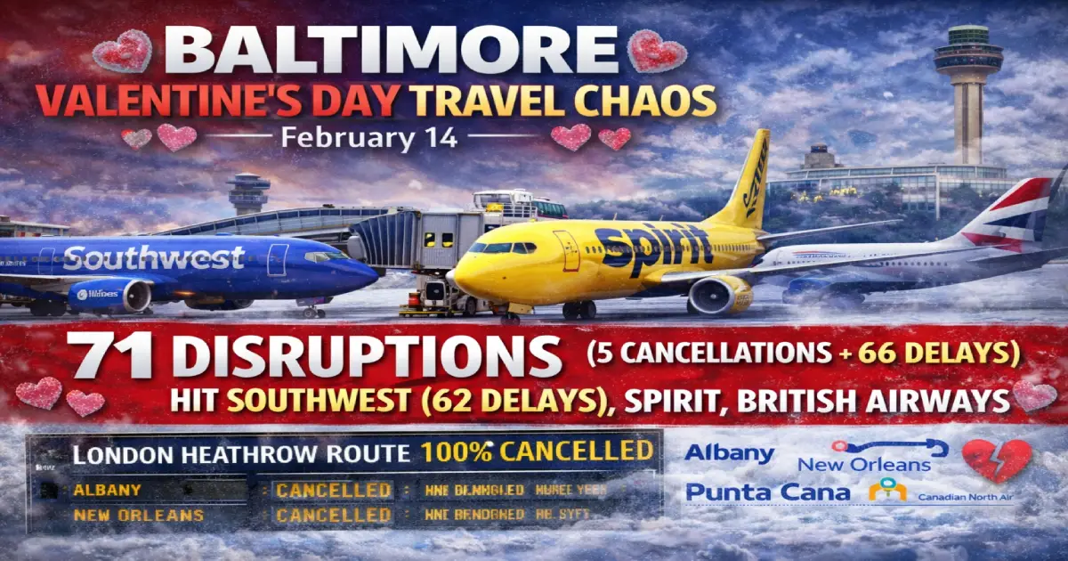 Baltimore BWI Airport Valentine's Day February 14 2026 71 flight disruptions Southwest 62 delays Spirit British Airways London Heathrow 100% cancelled romantic getaways ruined couples stranded
