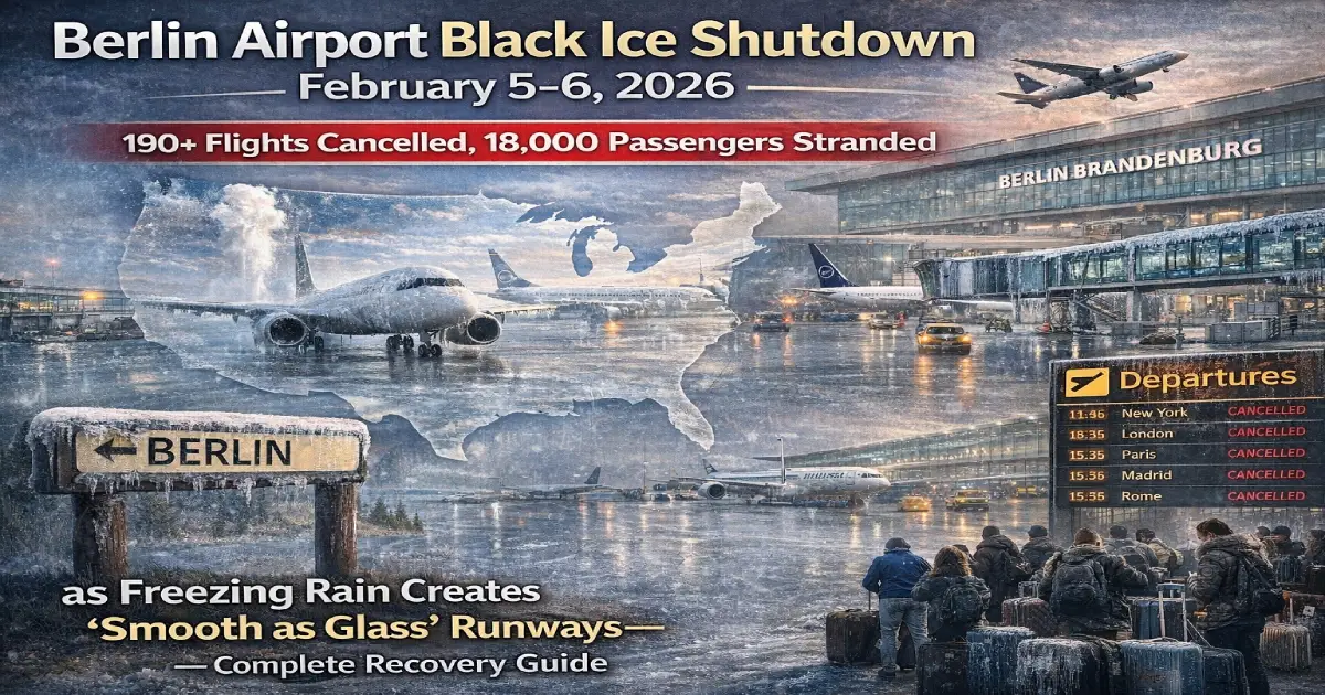 Berlin Brandenburg Airport runway covered in dangerous black ice with empty departure board showing 190+ cancelled flights during February 5-6, 2026 shutdown caused by freezing rain