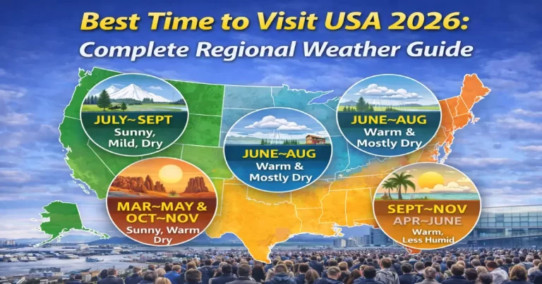 Best time to visit USA showing fall foliage in New England, Southwest desert landscapes, and Pacific Northwest mountains across different seasons