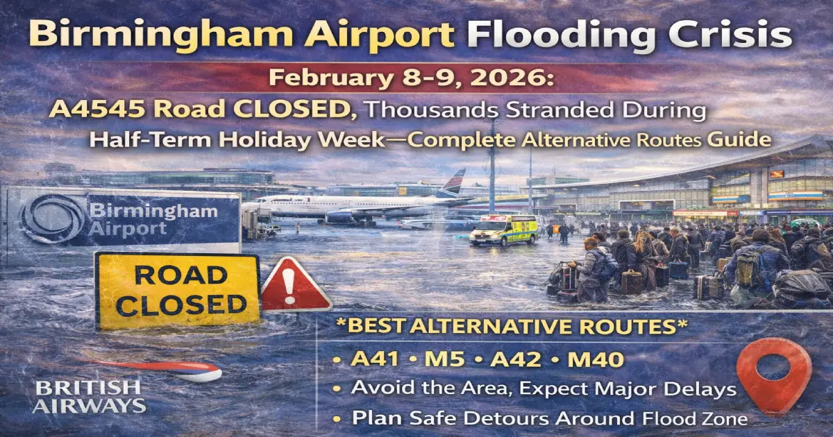Birmingham Airport A4545 approach road completely flooded and closed February 8-9, 2026 with water covering carriageway between M42 and A45 stranding thousands of half-term travelers