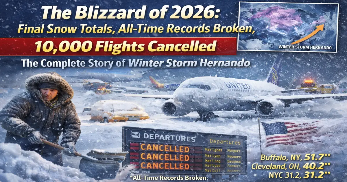Winter Storm Hernando Blizzard of 2026 final snow totals map — Providence Rhode Island all-time record 37.9 inches, New York Central Park 19.7 inches, Boston 17.1 inche