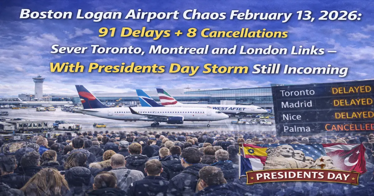 Boston Logan International Airport BOS departure board February 13 2026 showing 91 delays 8 cancellations JetBlue American Delta Virgin Atlantic Air Canada disruptions Toronto Montreal London routes severed