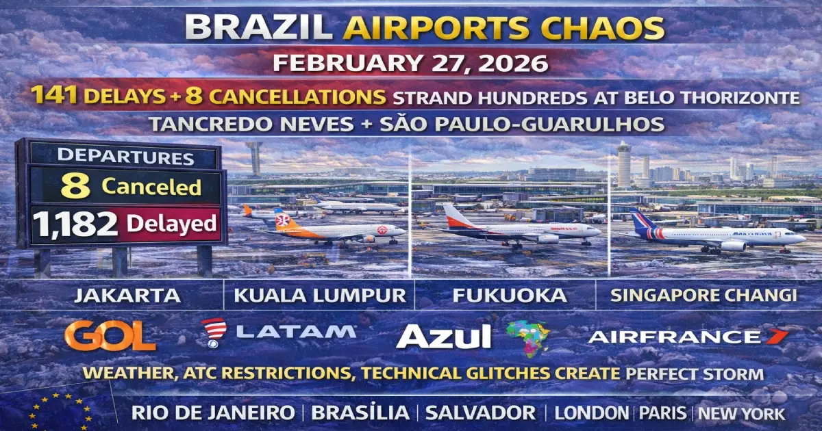 Sao Paulo Guarulhos International Airport GRU departure board showing 141 delayed flights February 27 2026 Gol LATAM Azul passengers stranded Brazil travel chaos overcrowded terminals baggage claim