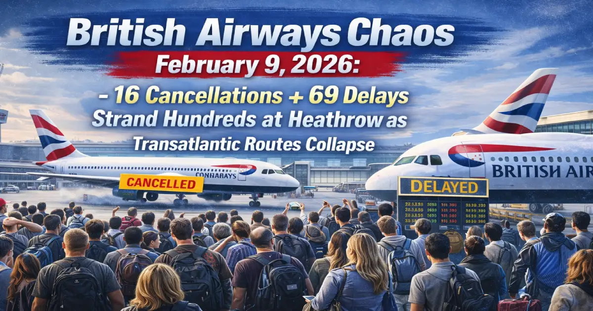 British Airways departure board London Heathrow showing 16 cancellations and 69 delays February 9 2026 with stranded passengers waiting at Terminal 5 gates