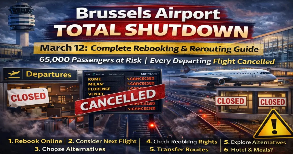 Brussels Airport BRU total shutdown March 12 2026 nationwide Belgium strike - all departing flights cancelled - rebooking guide via Amsterdam Paris CDG Frankfurt alternative airports
