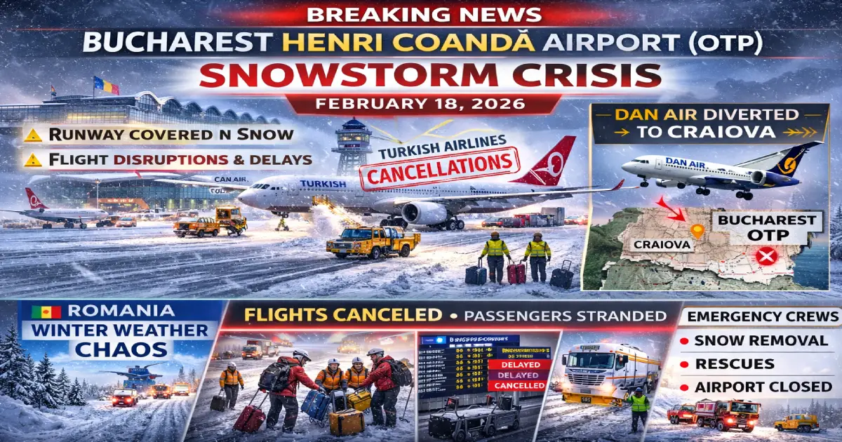 Bucharest Henri Coandă Airport (OTP) snowstorm crisis February 18, 2026, Turkish Airlines cancellations, Dan Air diverted to Craiova, Romania winter weather chaos, runway covered in snow