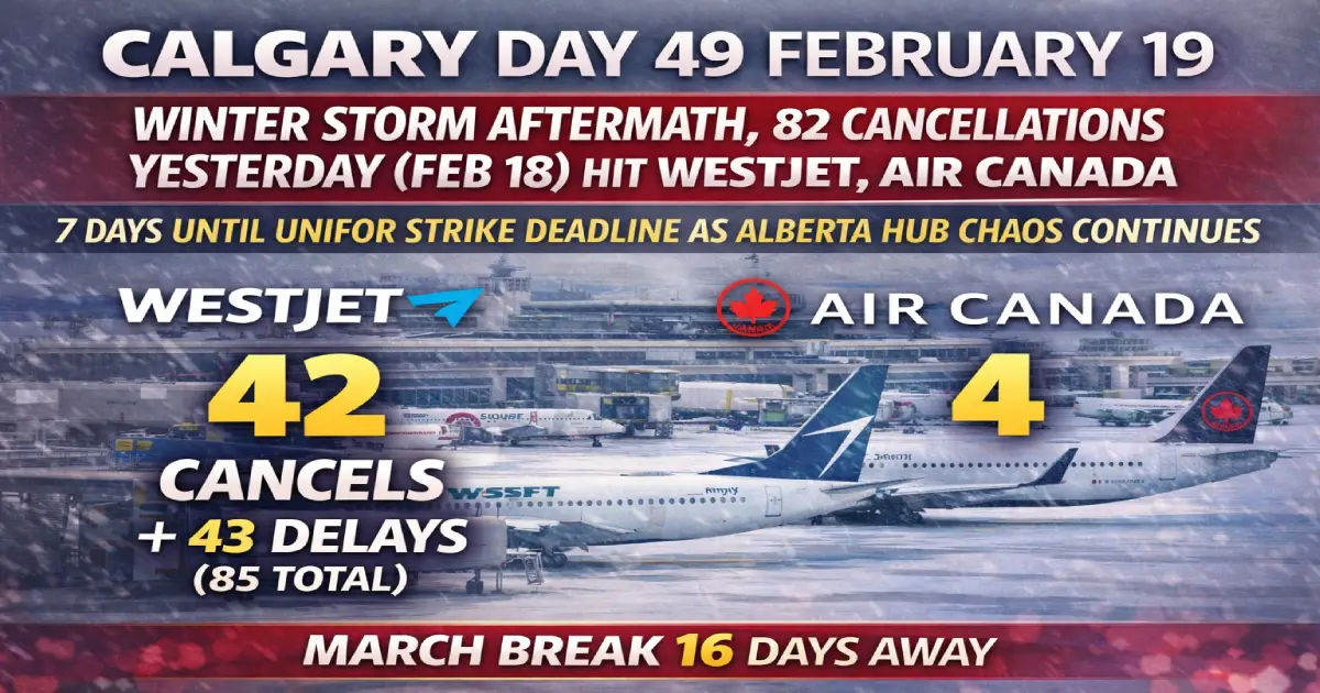 Calgary Day 49 February 19 2026 winter storm aftermath 82 cancellations WestJet 85 disruptions 42 cancels 43 delays Unifor strike countdown 7 days March Break 16 days Air Canada Alberta hub chaos