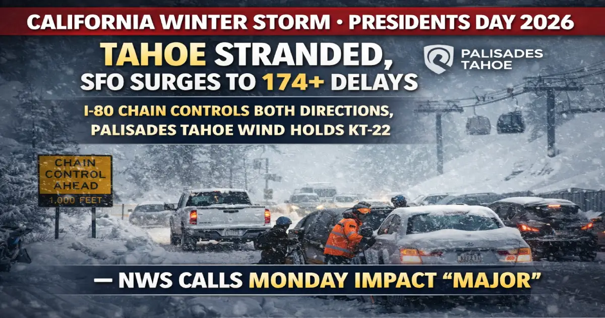 California Sierra Nevada winter storm Presidents Day 2026 showing I-80 chain controls Donner Pass whiteout conditions Palisades Tahoe wind holds SFO ground delay program 174 delays Bay Area airports stranded Tahoe visitors Great Monday Exodus